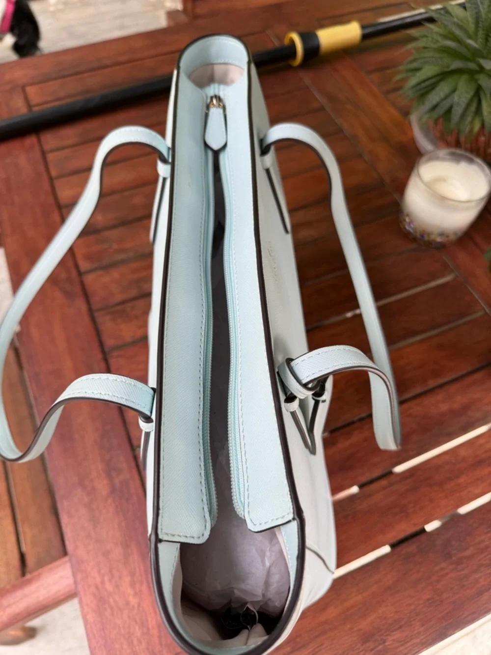 kate spade light blue leather tote with luggage tag - Picture 3 of 5